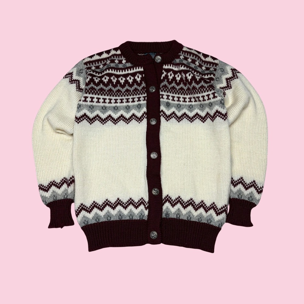 Dale of Norway Womens Pure Wool Fair Isle Cardigan Burgundy Cream Grey Sz 36